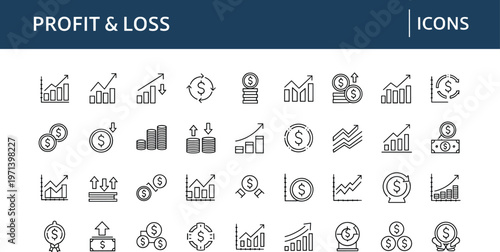 Profit and loss finance outline icon set including revenue growth decline charts money analytics investment trends and financial performance symbols