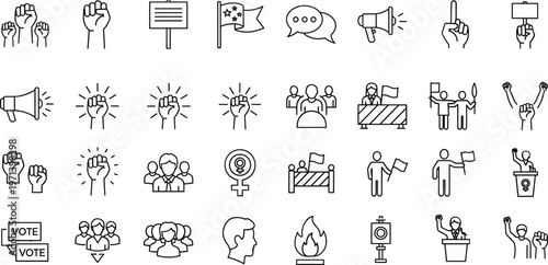 Protest activism line icon set with demonstration vote megaphone rights equality social movement outline vector symbols collection pack