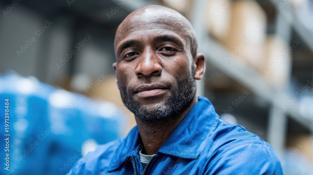 Fototapeta premium Worker man in blue uniform looking at camera with confident face in warehouse environment for industry and manufacturing concept.