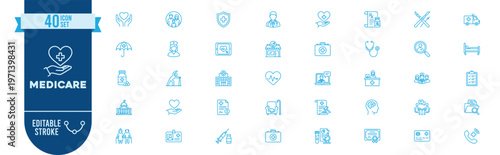 Medicare icon set. Contain icons related to healthcare, medical, insurance, hospital, doctor, treatment, health coverage, and more. Editable stroke. Vector Illustration