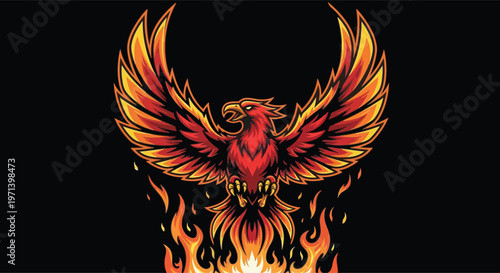 A colorful phoenix bird with spread wings rising from flames