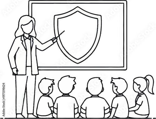 Teacher presents shield on board to attentive students in classroom setting art-7