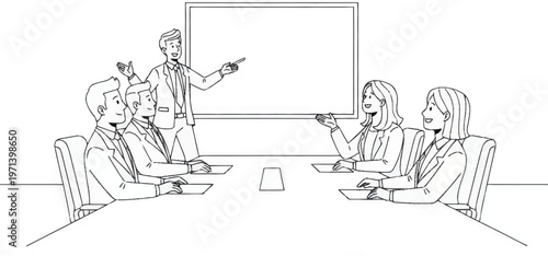 Business team discusses strategy in meeting room with presentation on whiteboard