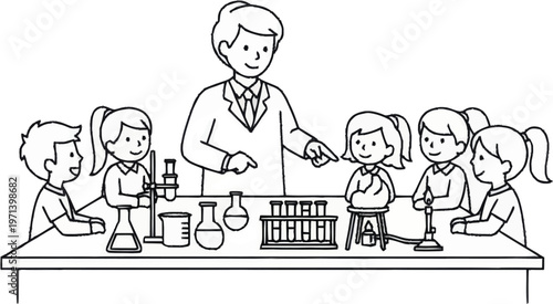 A teacher explains a science experiment to students with test tubes and equipment on a table in a classroom setting with art-11.