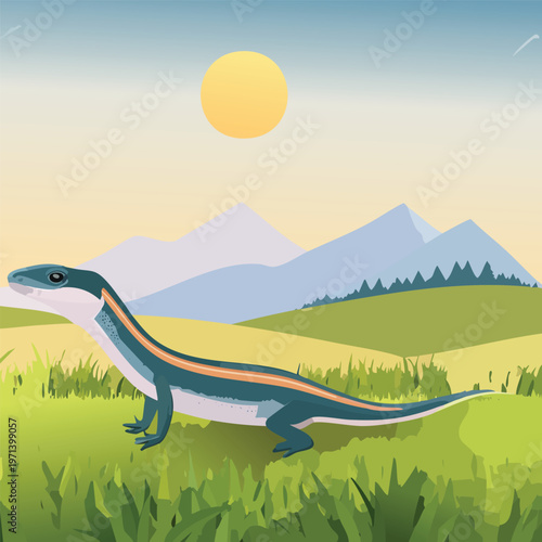 Colorful lizard basking in the sun on a grassy hill with mountains in the background