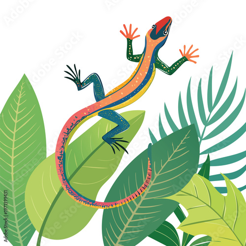 Colorful lizard illustration on vibrant green leaves flat design style