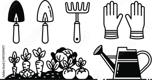 Fathers day vector gardening tools illustration spades rakes gloves plants watering can
