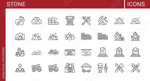 Stone mining line icon set with quarry tools rocks bricks crystals construction material outline vector industry symbols collection pack