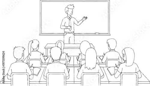 A teacher stands at the front of a classroom illustrating a lesson to attentive students seated at desks.