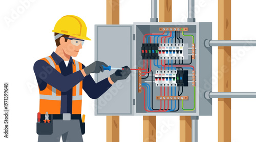 Professional Electrician in Safety Gear Repairing an Electrical Breaker Box and Circuit Panel Vector Illustration