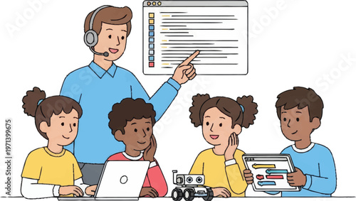 A teacher wearing a headset guides students using a laptop and tablets in a classroom setting with art-46.