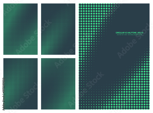 Assorted vector turquoise circular halftone pattern set in vertical 2:3 aspect ratio including angular oval frame and various smooth blurred radial textures. Varied half tone graphical design element