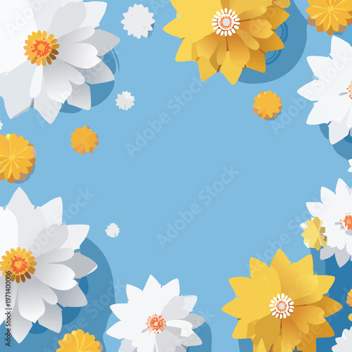 Colorful paper flowers on blue background decorative floral design