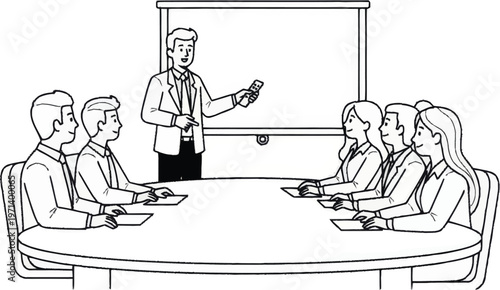 Businessman presents to colleagues at a meeting with a projector in a conference room setting with art-56.