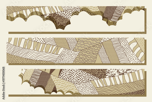 Agriculture field pattern, aerial view horizontal banner. Countryside grassland, farm land from top. Geometric farmland patches, padded mosaic country background in beige and brown colors