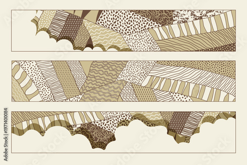 Agriculture field pattern, aerial view horizontal banner. Countryside grassland, farm land from top. Geometric farmland patches, padded mosaic country background in beige and brown colors