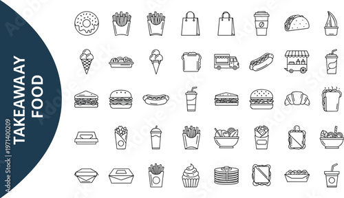 Takeaway food outline icon set including burger pizza fries coffee sandwich delivery bag dessert and fast food packaging symbols