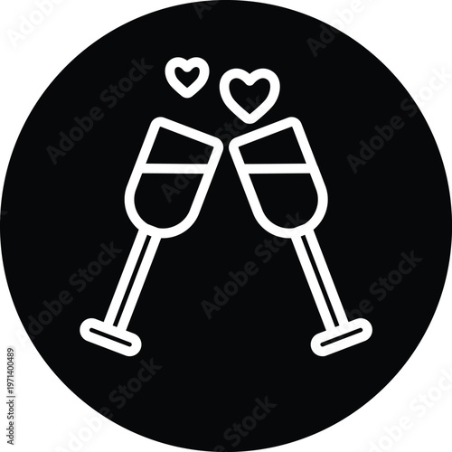 Valentine champagne toast icon white line art on black circle background vector modern graphic