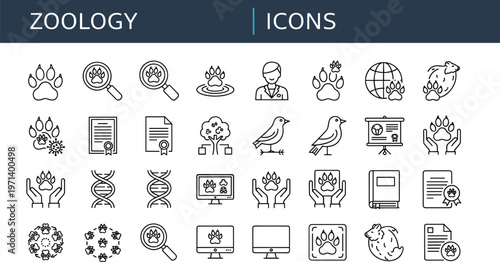 Zoology outline icon set including animal research paw prints wildlife observation biology genetics conservation and veterinary study symbols