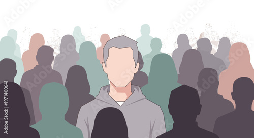 Loneliness in a Crowd Concept Illustration of a Faceless Man Surrounded by People Silhouettes