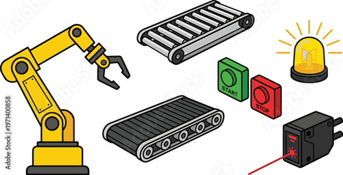 Industrial robot arm operates on a conveyor belt system with sensors and lights