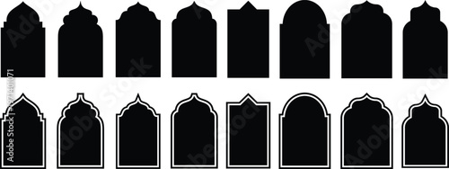 Collection of oriental style islamic vector shapes of a window or door arch mosque gate islamic arabesque pattern arab frame set on transparent background ramadan kareem silhouette icon set.
