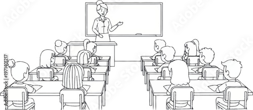 A teacher stands at the front of a classroom filled with students sitting at desks and looking forward.