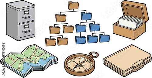 Various office supplies and navigation tools are organized on a table.