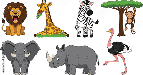 Wildlife Safari Animal Character Set with Lion, Giraffe, Zebra, Elephant, Rhinoceros, Ostrich, and Monkey for Kids' Illustrations and Nature Designs