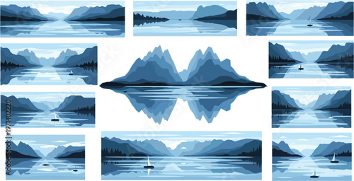 Set of serene mountain lake landscape vector illustrations with reflections boats and panoramic nature scenes in blue tones