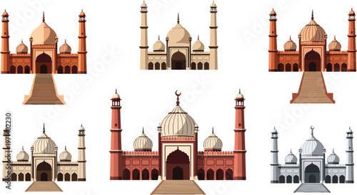 Set of Islamic mosque architecture landmarks vector illustration collection featuring domes minarets and traditional Mughal style buildings isolated on white background