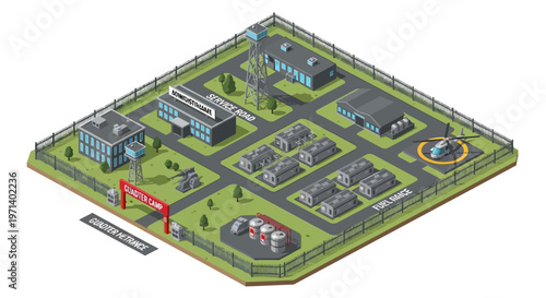 Isometric 3D illustration showing a detailed military base design with multiple buildings, towers, and computer technology, presented as a vector map with roads, and a perimeter fence