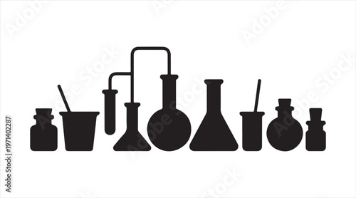 Minimal laboratory equipment icons representing chemical experiments and research