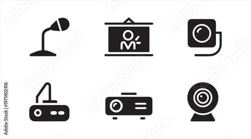 Audio visual icon collection showing media production devices and broadcasting technology