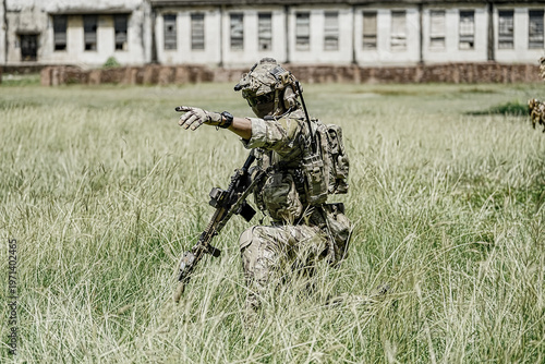Photos Soldier in camouflage gear points forward while kneeling in tall grass near aban