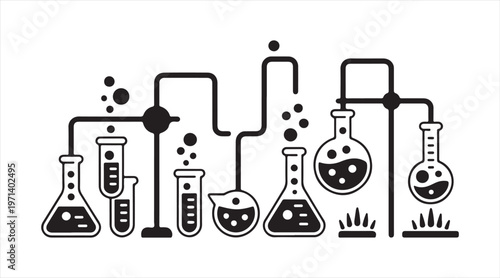 Scientific glassware network representing laboratory analysis and chemistry experiments