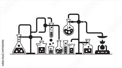 Minimal lab equipment illustration showing chemical processes and experimental setup