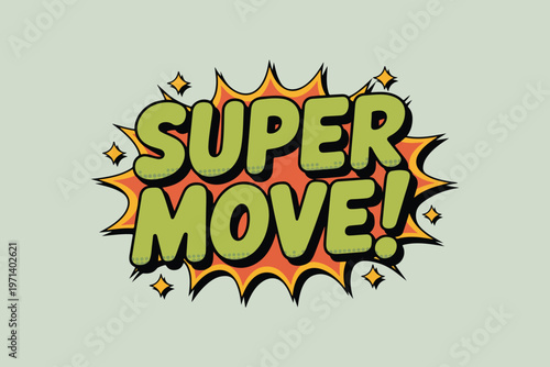 Comic book phrase, Super Move text, cartoon explosion, green and orange vector graphic