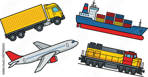 Vehicles transport trucks ships planes trains on display together