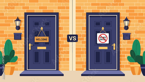 Side by side comparison of two blue house doors with signs representing welcome and do not enter instructions.