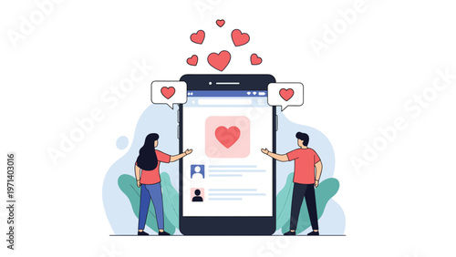 Young man and woman interacting with a giant smartphone screen filled with red hearts for online dating apps.