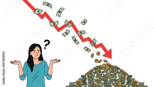 Frustrated woman shrugging while observing a red arrow pointing down as money falls into a large pile symbolizing financial loss.