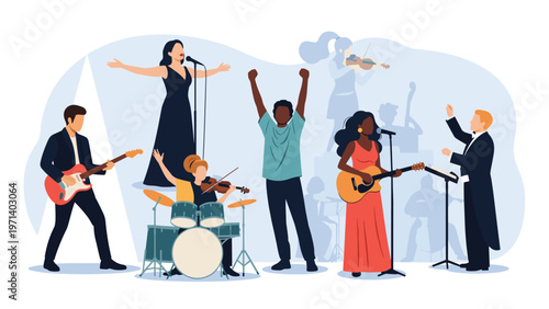 Large group of diverse musicians and performers playing instruments and singing together on a concert stage.