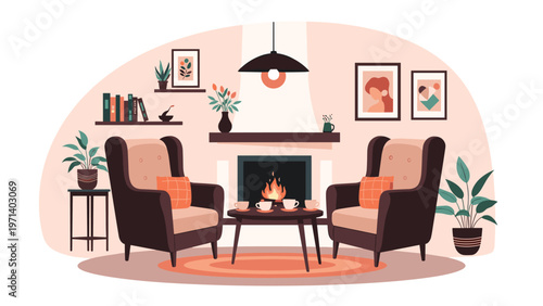 Interior design of a cozy living room featuring two armchairs, a warm fireplace, coffee table, and various indoor plants.
