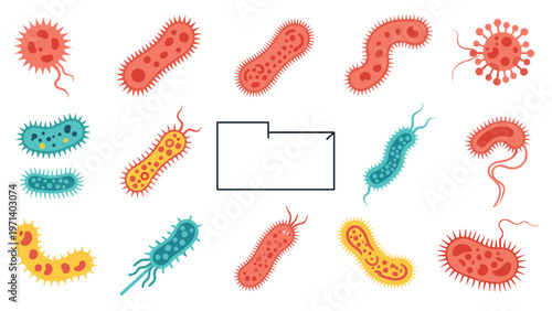 Comprehensive collection of various colorful bacteria and virus illustrations surrounding a central rectangular blank folder icon.