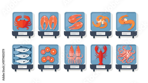 Collection of various packaged seafood products including salmon steaks, shrimp, lobster, octopus, and whole fish on a plain background.