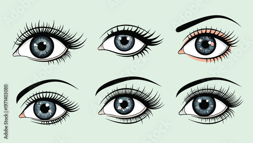 Set of six detailed female eye illustrations showing different makeup styles, eyelash lengths, and eyebrow shapes on light background.