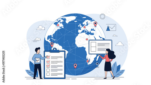 Business professionals analyzing global logistics in front of a giant world map with location pins and a checklist.