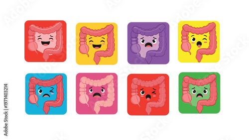 Set of eight colorful square icons featuring the human large intestine character with various cute and funny facial expressions.