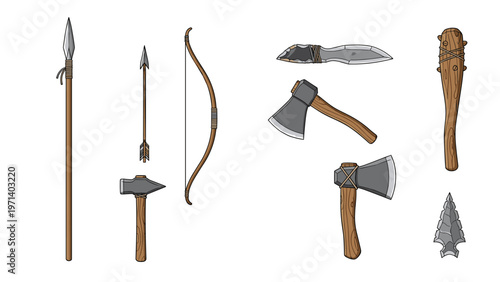 Historical collection of primitive weapons including a wooden bow, flint spear, stone axe, and a heavy wooden club.